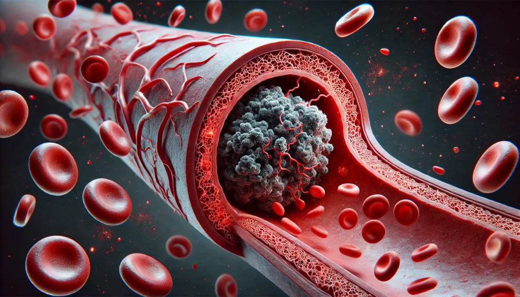 A conceptual 3D render showing a cross-section of a clogged artery with red blood cells flowing through. A severe blockage caused by plaque deposits is visible, illustrating the dangers of poor circulation.