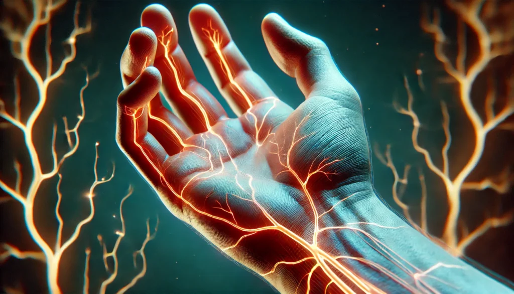 A close-up digital rendering of a human hand experiencing numbness and tingling, visualized with a glowing effect to symbolize nerve damage or poor circulation—common symptoms of blood vessel disease.