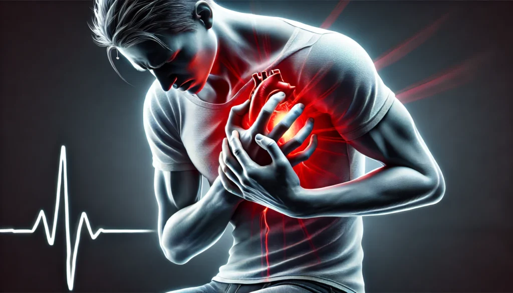 A realistic medical illustration of a person clutching their chest in pain, symbolizing a heart attack. A glowing red area highlights cardiovascular distress, emphasizing the urgency of seeking medical attention.