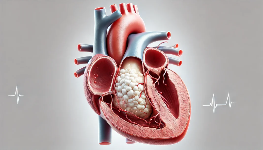 A detailed medical illustration of a human heart with a completely blocked left anterior descending (LAD) artery, showing the cause of a widowmaker heart attack. A cross-sectional view highlights severe plaque buildup obstructing blood flow.