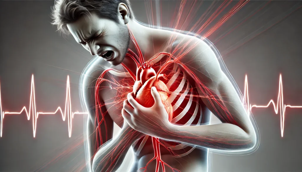 A realistic 3D medical illustration of a man clutching his chest in pain, experiencing symptoms of a widowmaker heart attack. Radiating pain lines extend to his left arm and jaw, with a semi-transparent overlay of the heart and affected artery.