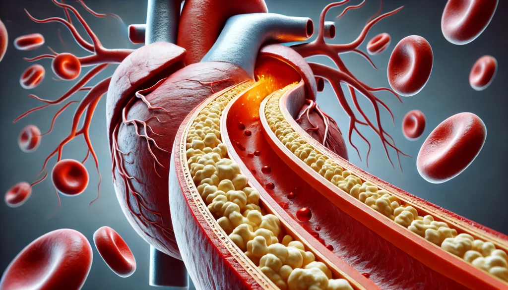 A detailed 3D-rendered medical illustration showing a close-up of a narrowed and blocked left anterior descending (LAD) artery. The image highlights cholesterol plaque buildup and restricted blood flow, with a realistic heart in the background.