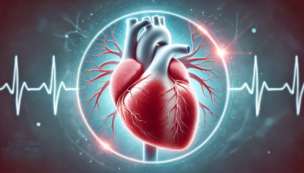 A medical illustration of a healthy heart after successful treatment of a widowmaker heart attack. The image highlights a strong, well-functioning heart with clear coronary arteries and normal blood flow. A subtle glow around the heart represents recovery and vitality, set against a soft medical background.