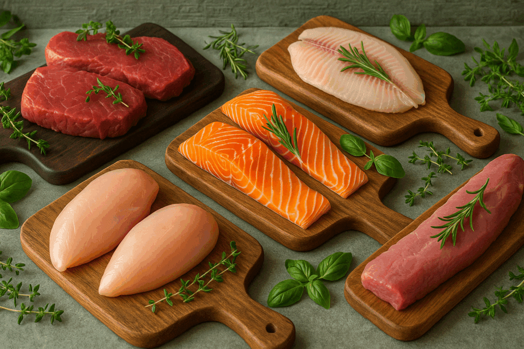 Fresh cuts of chicken, beef, pork, and fish arranged on wooden boards with herbs, illustrating which meat has the least salt for a heart-healthy diet.