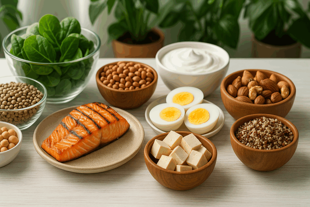 Protein-rich breakfast plate with scrambled eggs, yogurt, smoothie, and chia oatmeal showcasing tips on ways to include protein in daily diet.