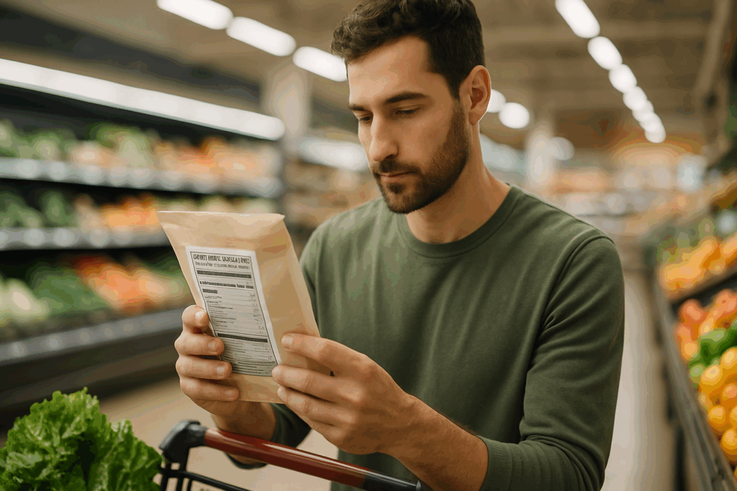 Nutrition label close-up with highlighted calories, serving size, and ingredients, illustrating how to read food labels