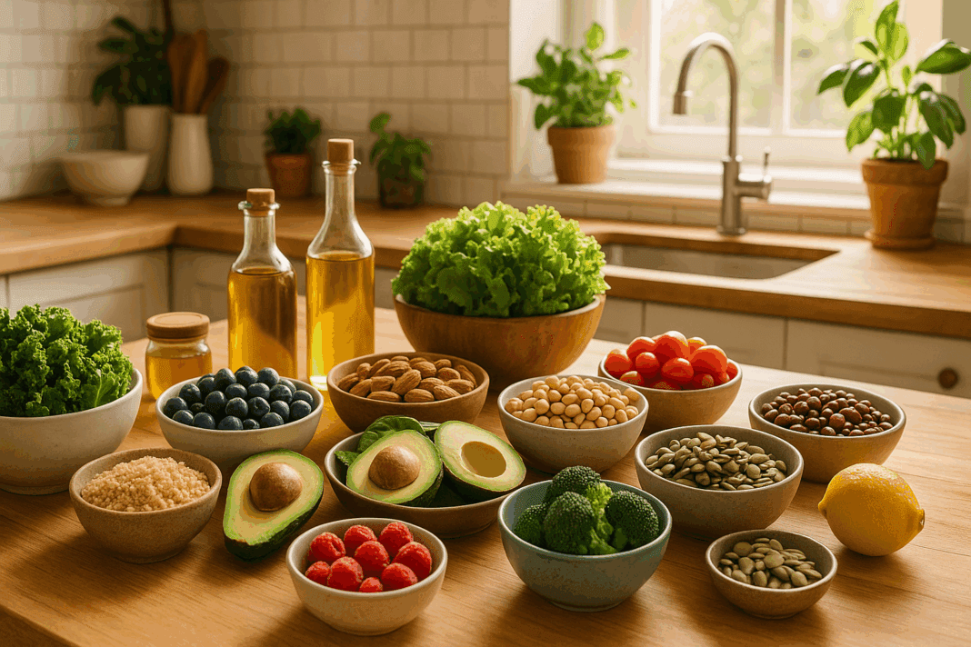Colorful display of whole foods including leafy greens, berries, grains, and vegetables on a kitchen counter representing Clean Eating Simplified