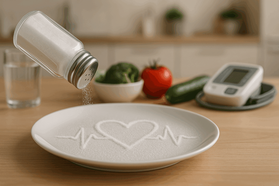 Conceptual illustration of salt forming a heart monitor line on a dinner plate, representing health risks linked to how much sodium is too much.