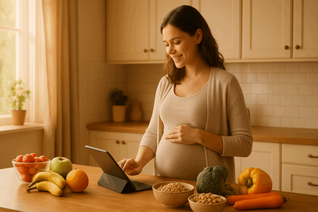 Pregnant woman reviewing a digital pregnancy calorie calculator app at the kitchen table with fresh fruits and vegetables nearby, promoting healthy prenatal nutrition.