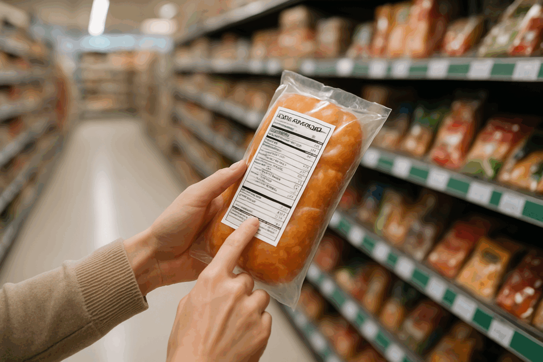 Hand holding packaged food while examining the Nutrition Facts label, illustrating what does DV in food mean in practical, everyday grocery shopping.