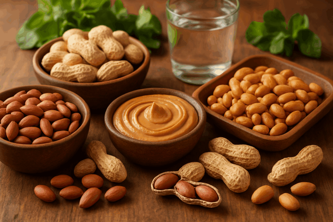 Bowl of unsalted roasted peanuts with fresh greens and whole grains on a kitchen counter, reinforcing that peanuts are healthy