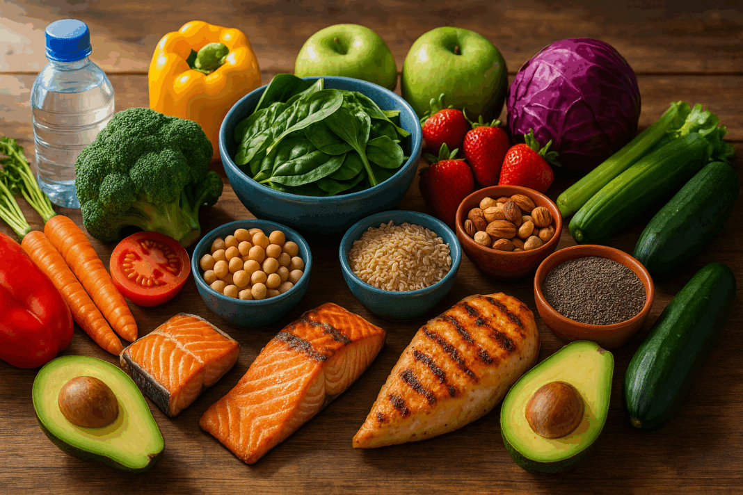 Colorful spread of fresh fruits, vegetables, whole grains, and lean proteins on a rustic table representing 4 ways to have a healthy diet.