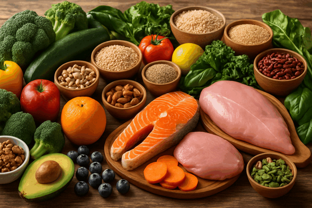 Fresh whole foods including fruits, vegetables, grains, and proteins arranged on a rustic table, visually representing what is a balanced diet.