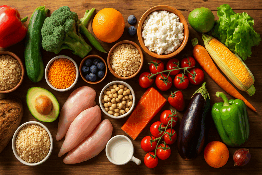 Colorful assortment of fruits, vegetables, grains, protein, and dairy illustrating What Are the 5 Food Groups on a rustic table