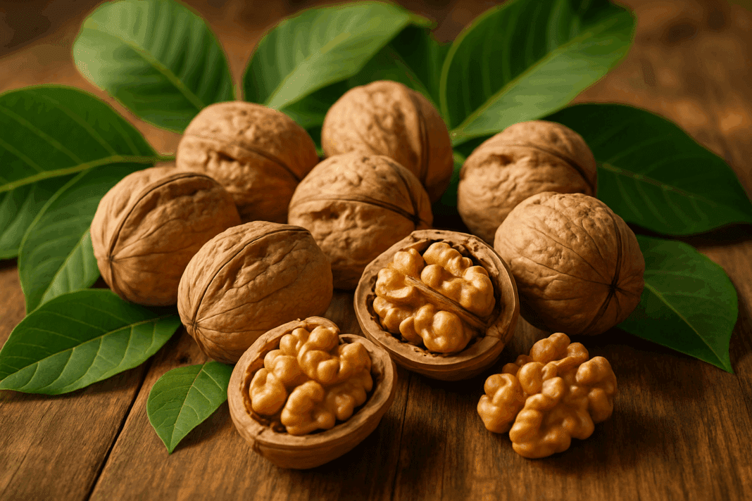 Whole and cracked walnuts on a rustic table highlighting Are Walnuts Good for You and their heart, brain, and gut health benefits.