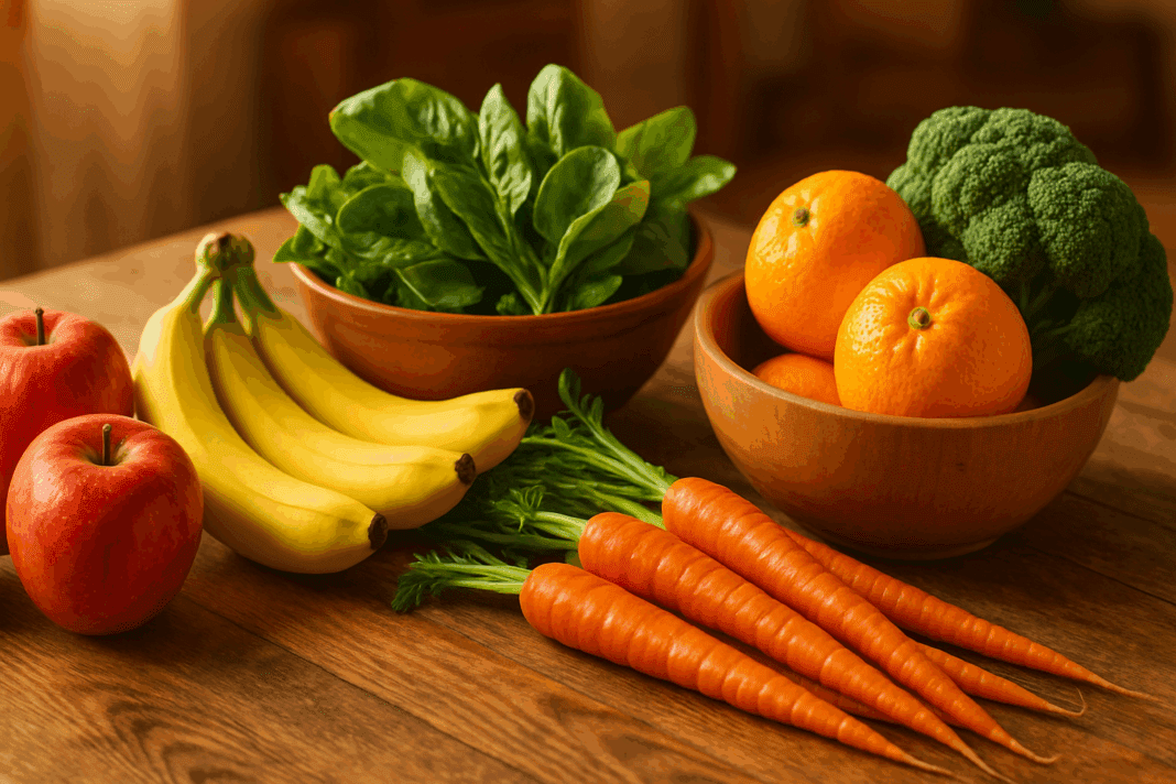 Colorful display of basic fruits and vegetables including apples, bananas, spinach, carrots, and broccoli arranged on a rustic kitchen table.