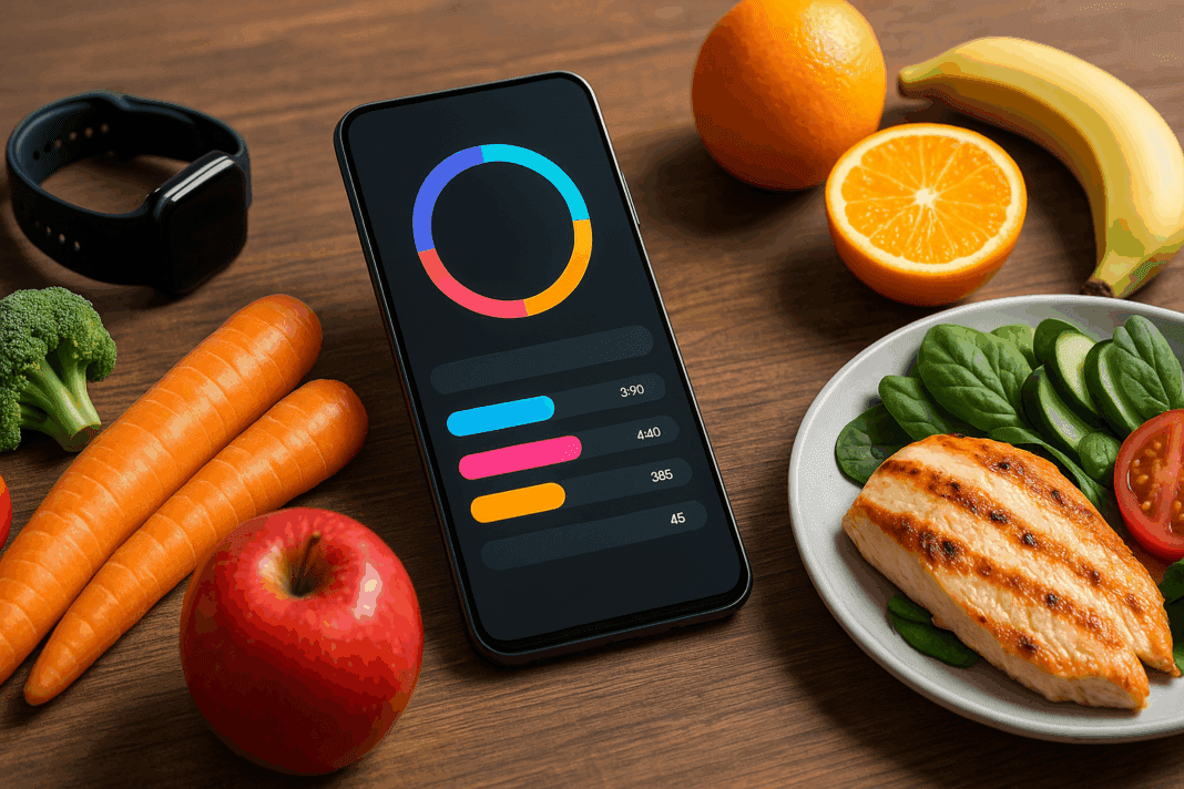 Smartphone displaying nutrition dashboard alongside healthy foods and fitness gear, representing the Best Calorie Tracker Apps for smarter weight loss.