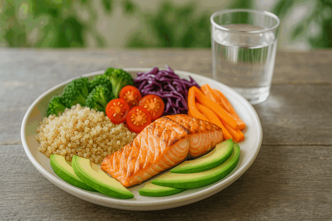 Balanced plate of salmon, quinoa, avocado, and vegetables illustrating what to eat for prediabetes for better blood sugar control and health.