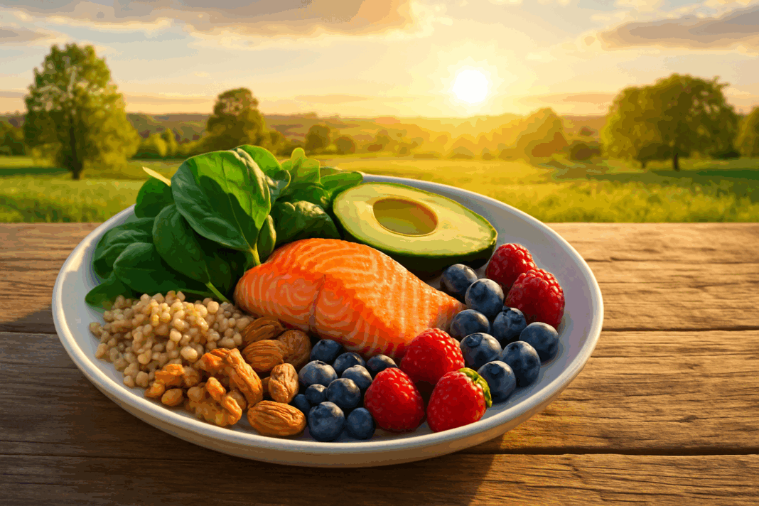 Colorful plate of leafy greens, salmon, avocado, berries, and whole grains illustrating what to eat for prediabetes for better blood sugar control.