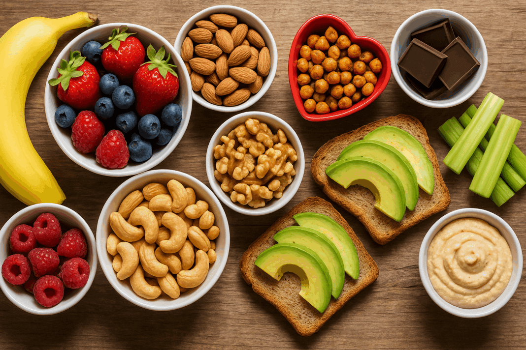 Colorful assortment of heart-healthy foods including avocado toast, nuts, berries, and roasted chickpeas representing the best snacks for high blood pressure