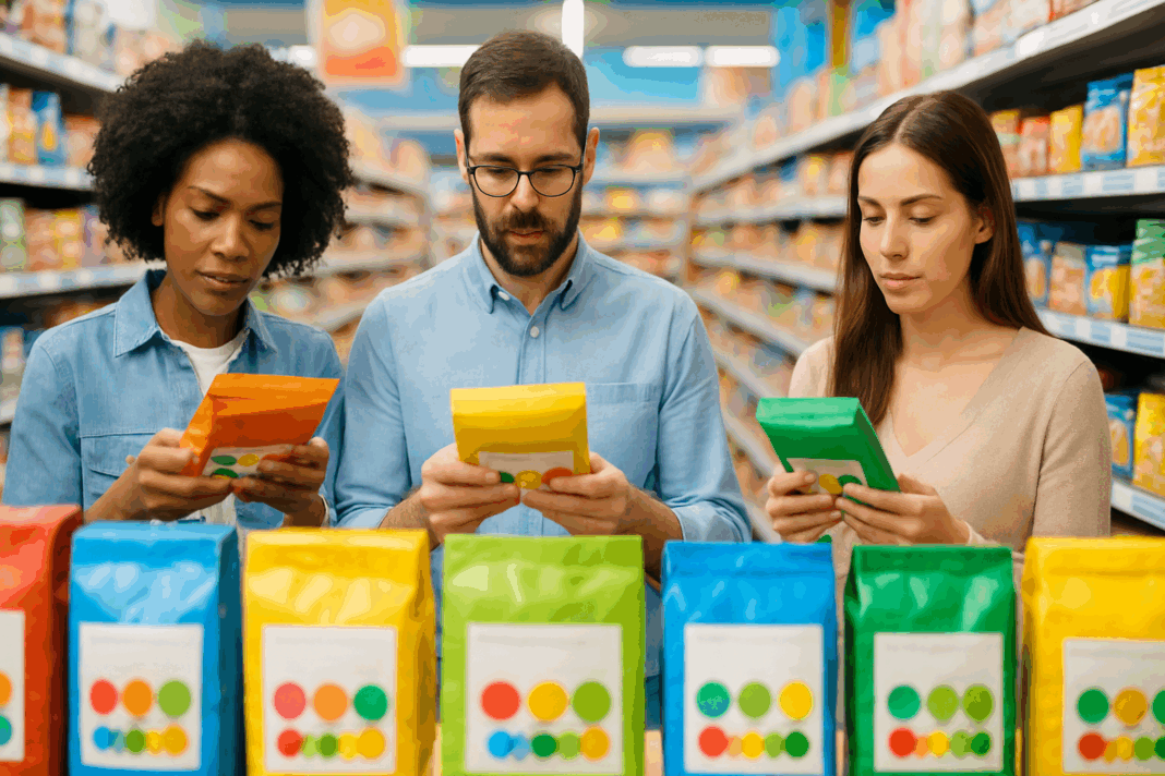 Close-up of a shopper examining a nutrition label in a grocery store aisle to understand the daily value food picture for smarter eating choices.