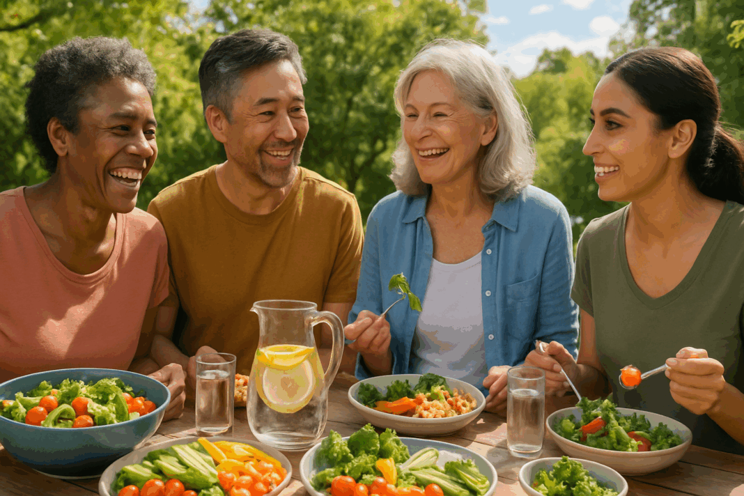Group of adults enjoying a healthy outdoor meal focused on whole foods and vegetables, promoting strategies for controlling blood sugar.