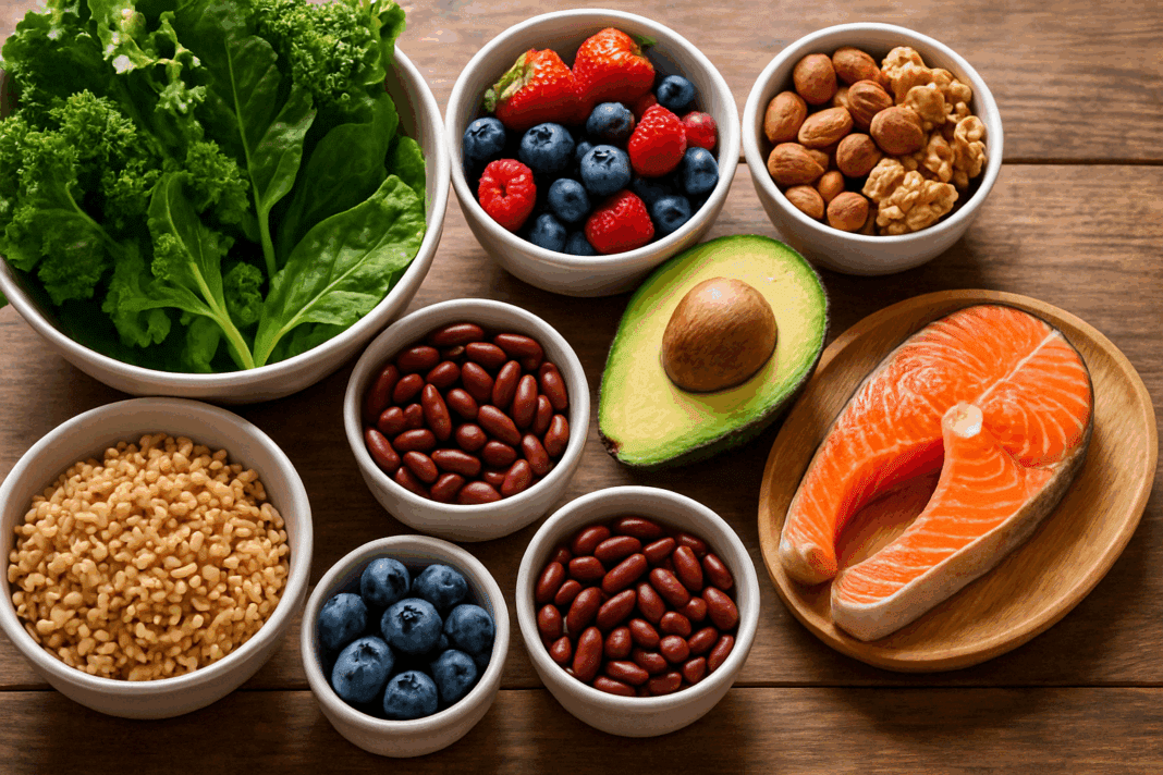 Fresh assortment of leafy greens, berries, avocados, nuts, legumes, fatty fish, and whole grains representing Top Foods That Lower Blood Sugar Immediately.