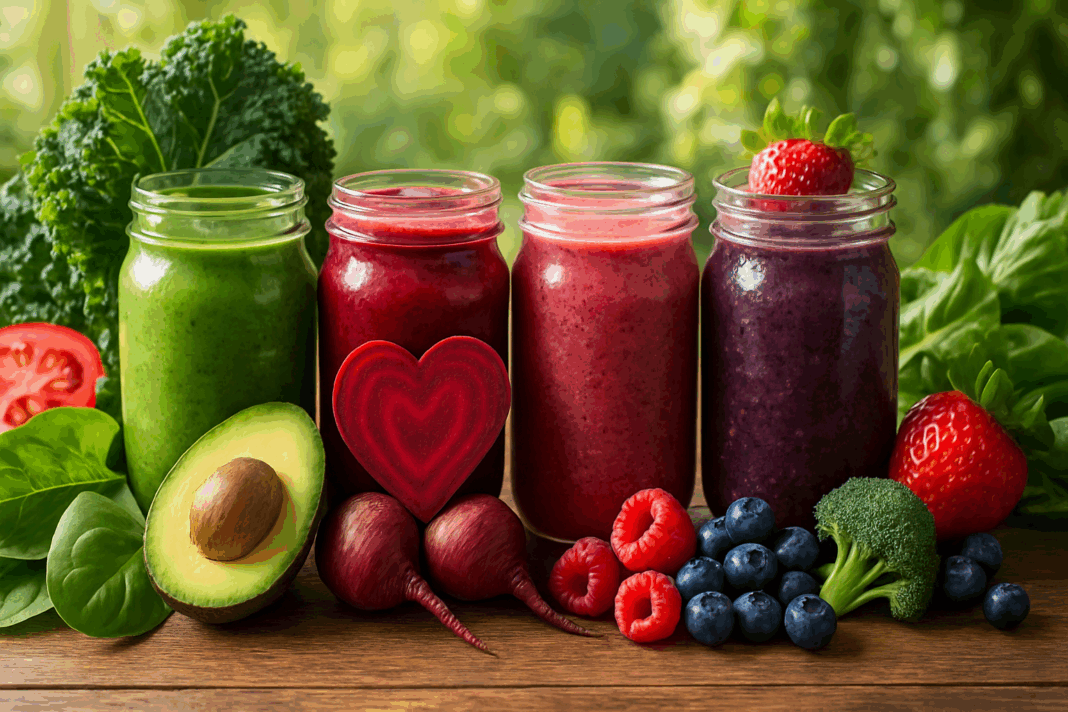 Fresh smoothies for diabetics and high blood pressure made with spinach, berries, avocado, and flaxseeds on a rustic wooden table.