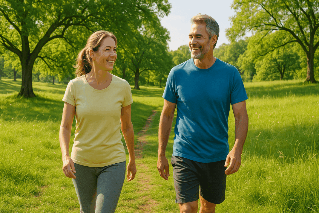 Middle-aged couple walking through a lush green park on a sunny day, representing natural ways to lower blood pressure through healthy lifestyle habits.