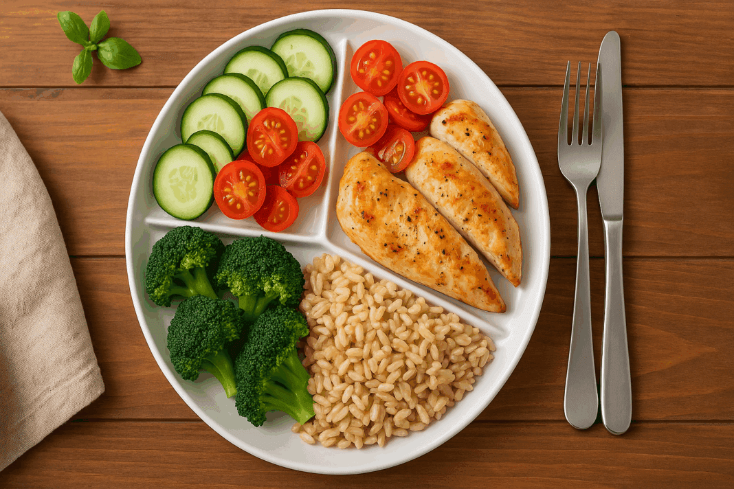 Illustration of macronutrients like chicken, rice, olive oil, and wine glass showing how many calories are in a meal.