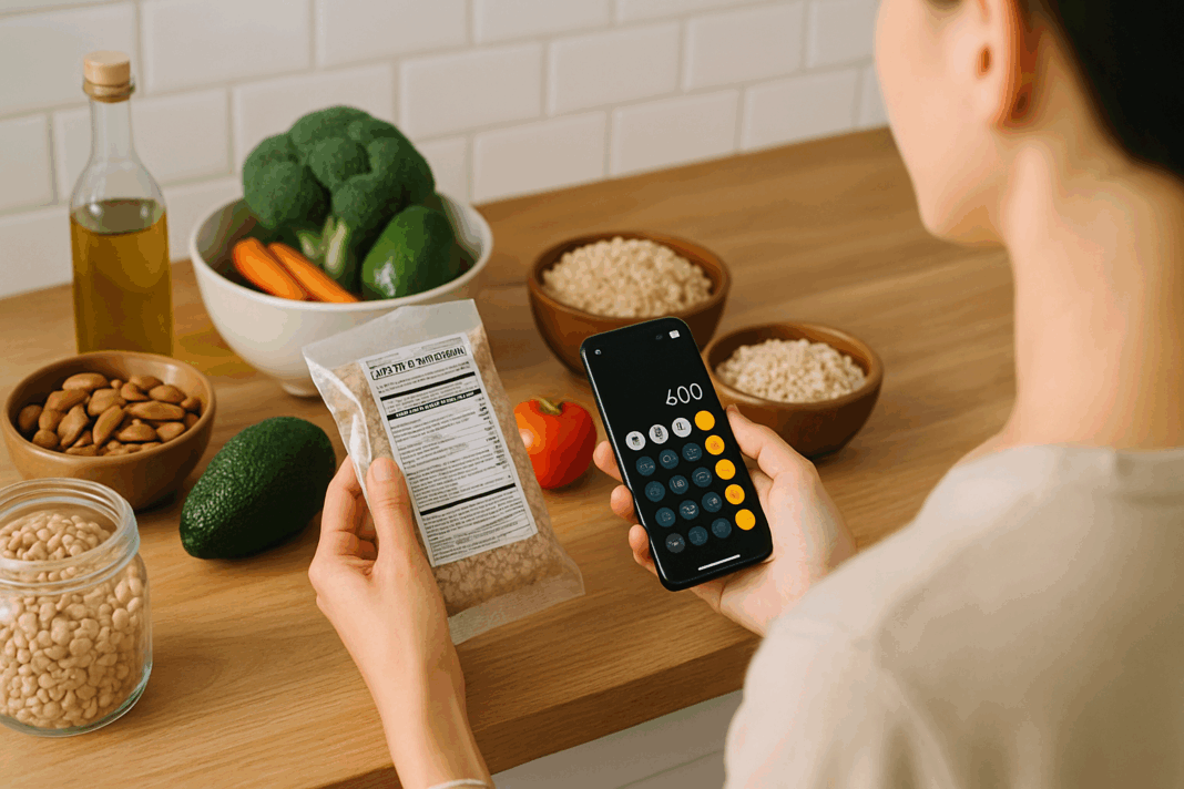 Person checking a nutrition label and using a smartphone to learn how to calculate calories from fat accurately.