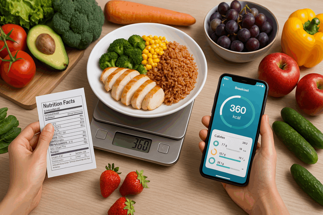 Person weighing food on a kitchen scale and tracking how many calories are in 2 servings with a smartphone app.