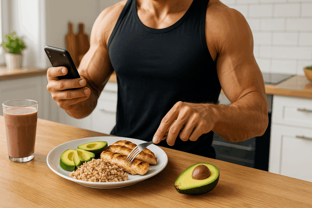 Person using a food tracking app and meal prepping healthy foods to determine how many calories should I eat to gain weight.