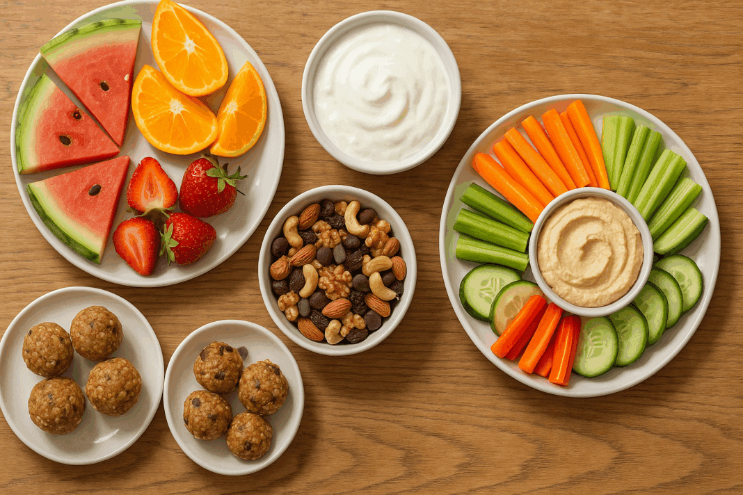Colorful flat-lay of top rated healthy snacks for weight loss including trail mix, Greek yogurt, sliced fruits, hummus with vegetables, and energy bites.
