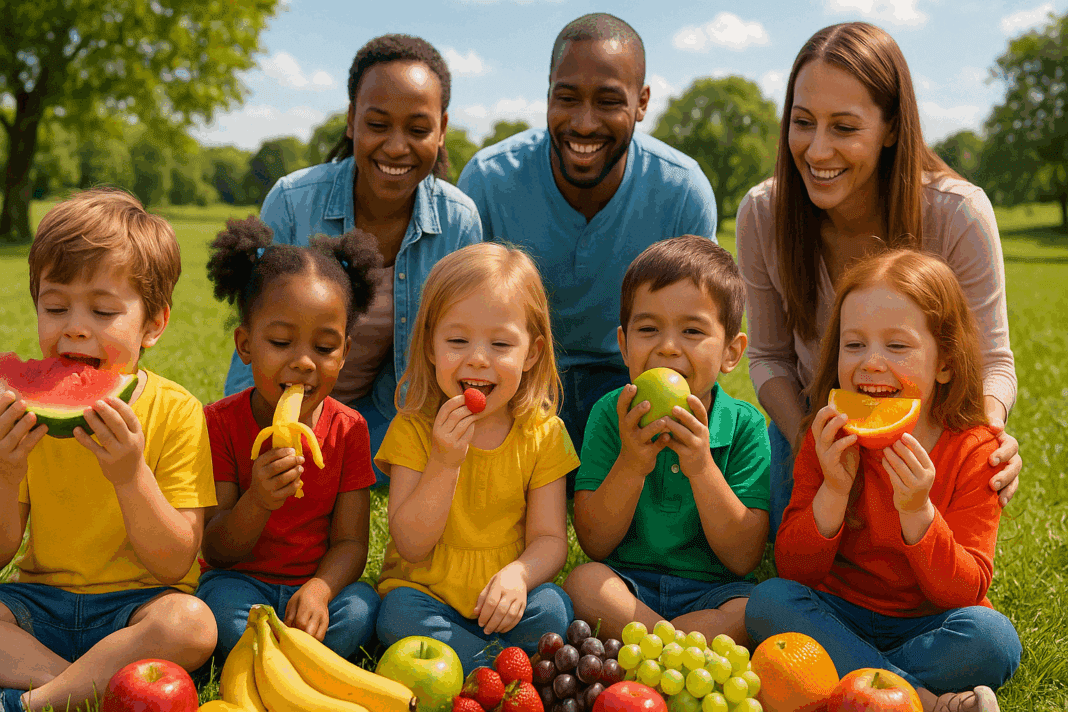 Preschool children enjoying a colorful variety of fresh fruits outdoors, highlighting the nutrients of fruit for healthy growth and brain development