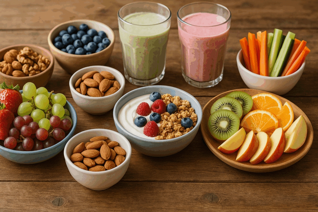 Assorted healthy foods including nuts, berries, yogurt, and vegetables arranged as the best snacks to eat for energy and wellness.