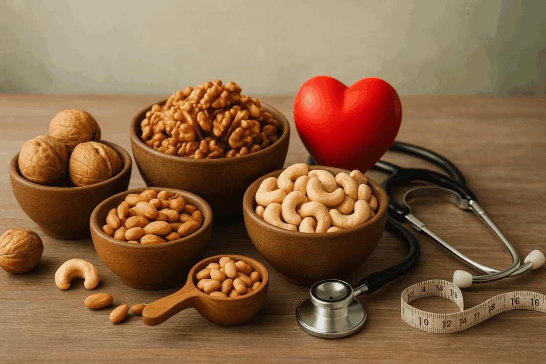 Assorted walnuts, cashews, and peanuts on a rustic wooden table showcasing the best nuts for high cholesterol