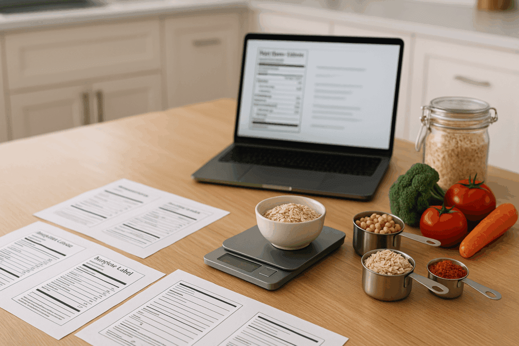 Homemade food packaging on a kitchen counter with a digital scale, fresh ingredients, and a laptop displaying a nutrition facts label template in progress