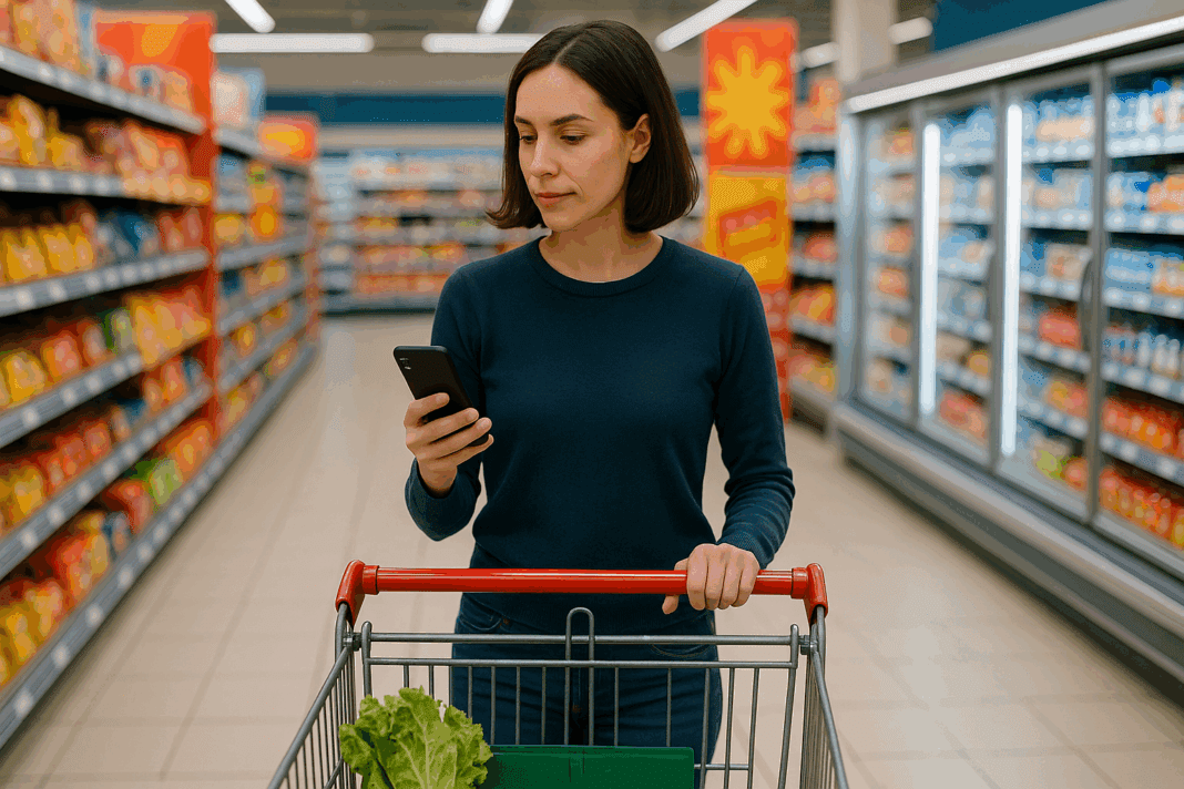 Grocery cart filled with colorful produce, whole grains, and healthy proteins, representing a balanced healthy food list grocery strategy