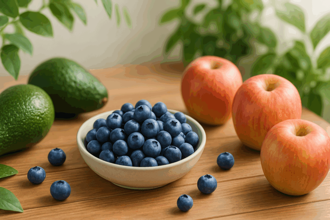 Fresh blueberries, apples, and avocados displayed on a wooden table, visually representing what are the 3 fruits nutritionists recommend for daily health.