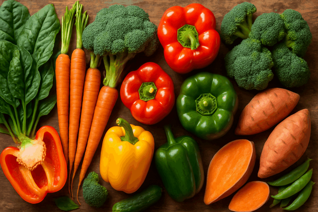 Colorful assortment of fresh spinach, broccoli, and carrots on a wooden countertop illustrating what are 3 health fact for vegetables through nutrient-rich whole foods.