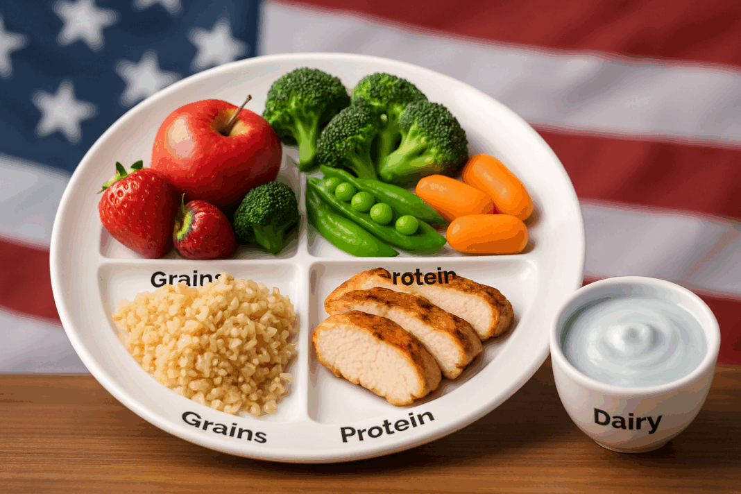 Colorful plate illustrating food group portions with fruits, vegetables, grains, protein, and dairy, symbolizing which government agency created MyPlate.