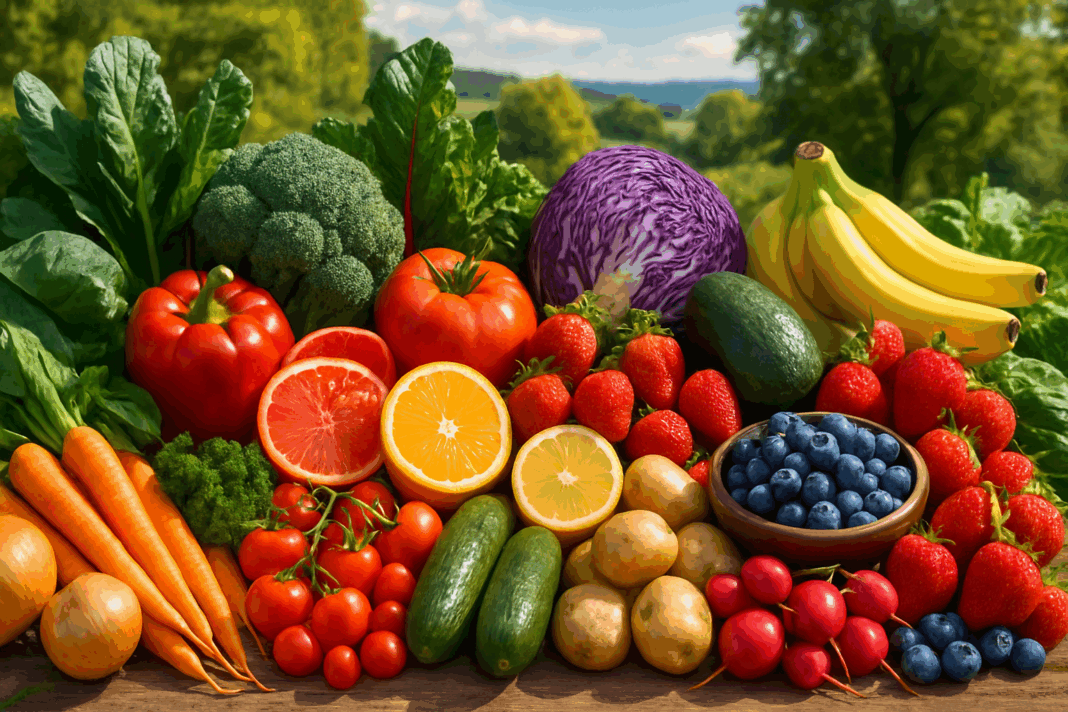 Colorful assortment of the most healthy fruits and vegetables including berries, leafy greens, citrus, and root veggies arranged in a vibrant natural display.