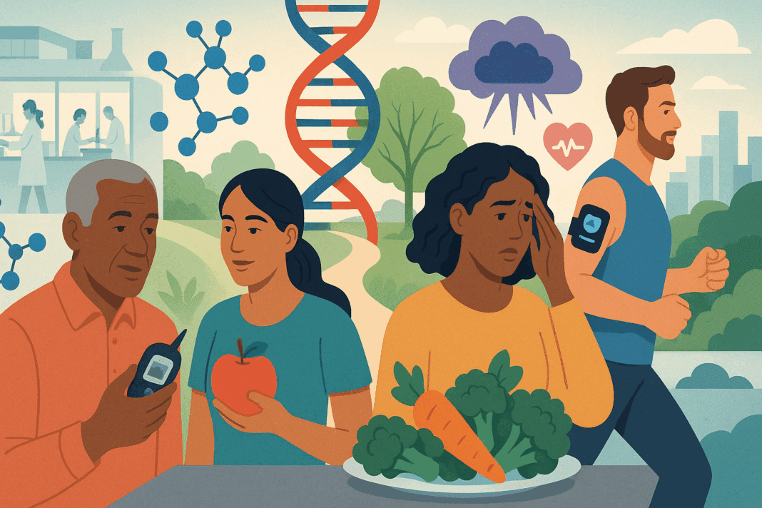 Diverse group managing diabetes through lifestyle and science, illustrating key facts about diabetes with symbols like DNA, insulin, healthy food, and wearable tech