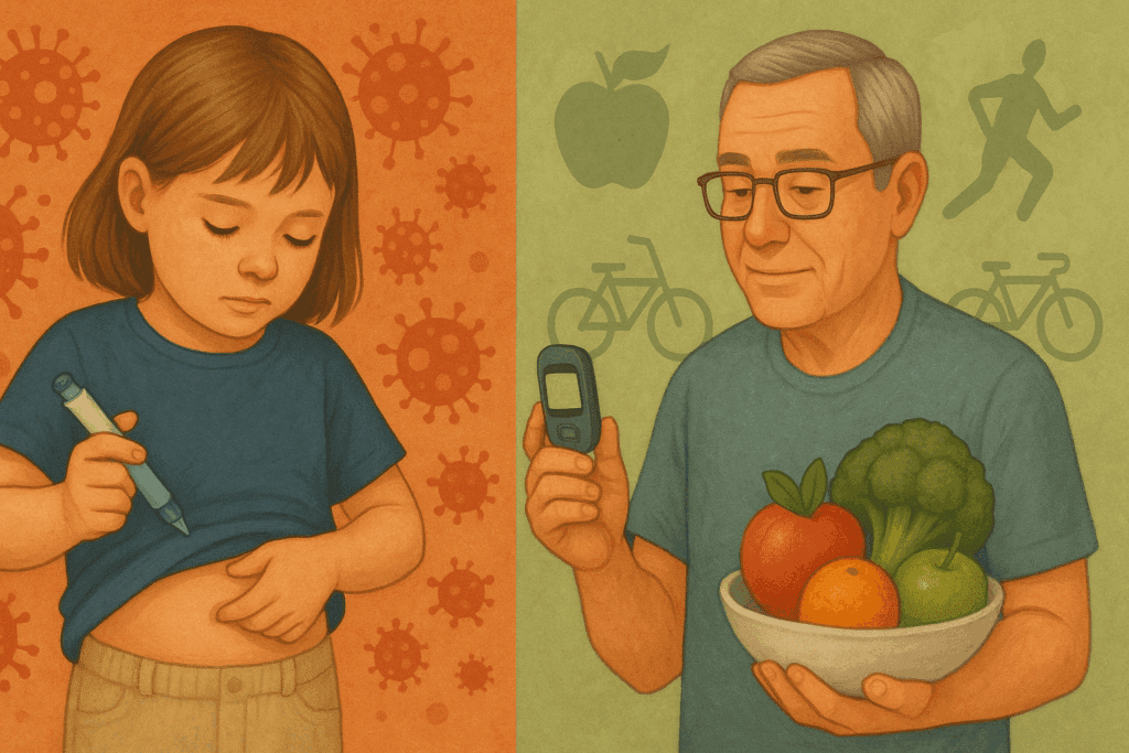 Child with type 1 diabetes using an insulin pen next to older adult managing type 2 diabetes with diet and glucose monitor, illustrating key facts about diabetes.