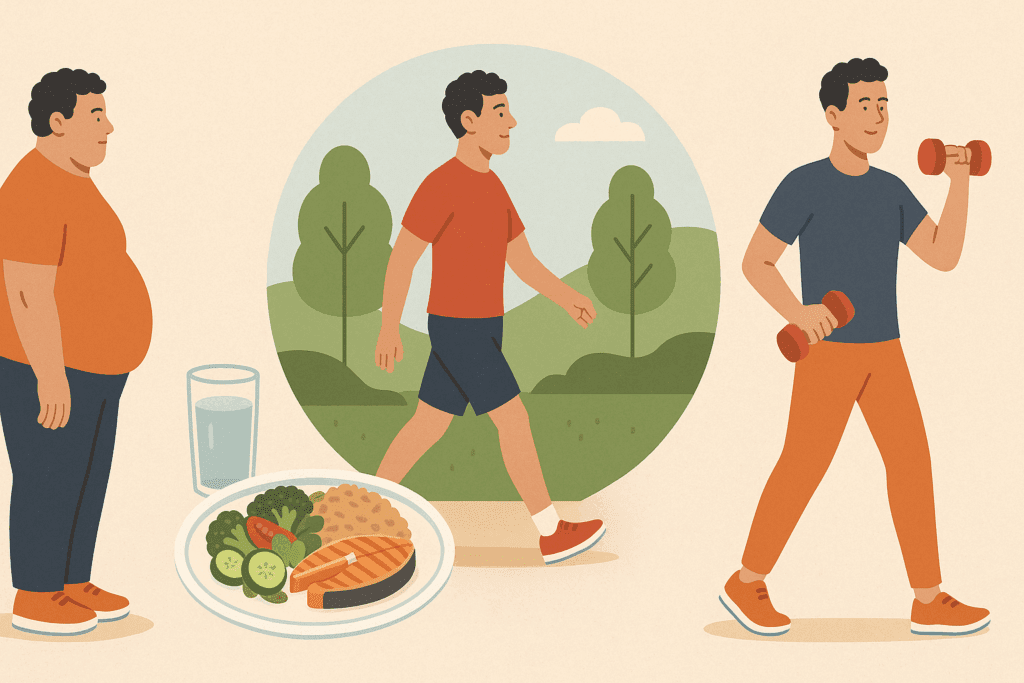 Overweight person transforming to a healthier weight through lifestyle changes: balanced meals, walking outdoors, and physical activity, representing the journey of improving health and wellness. Facts about diabetes are linked to weight management and a healthier lifestyle.