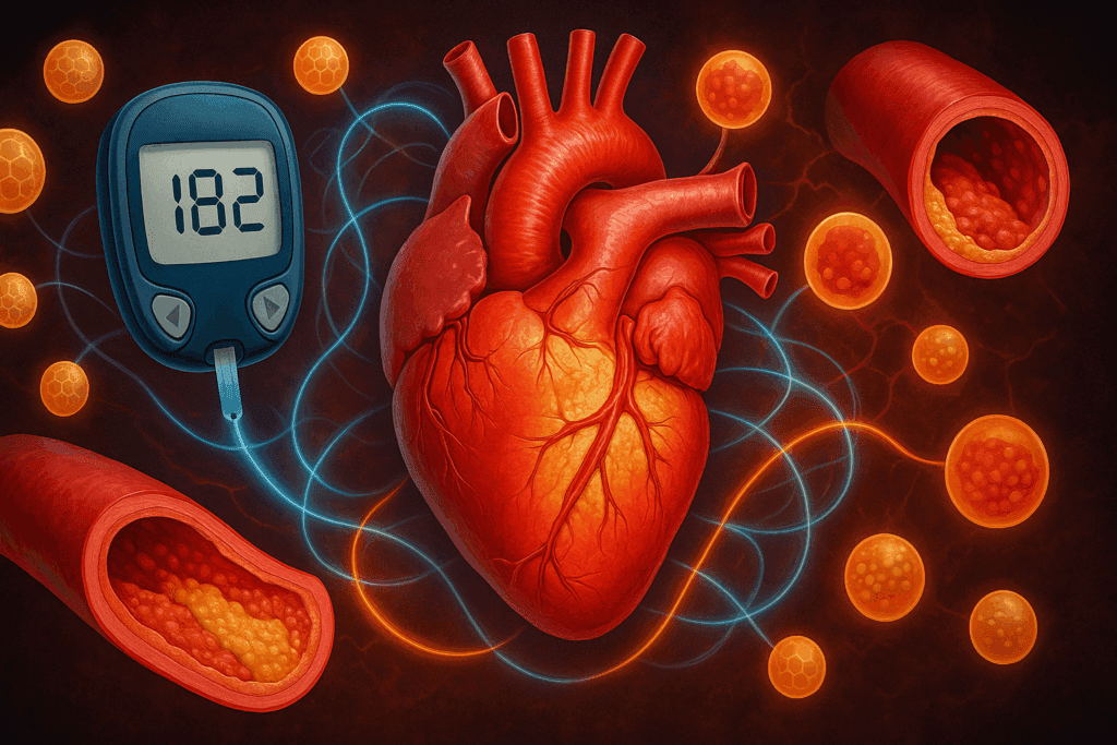 Digital illustration showing a human heart surrounded by glucose molecules, inflamed arteries, and plaque buildup, symbolizing the connection between high blood sugar and heart disease; part of visual content exploring key facts about diabetes.