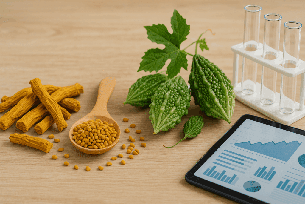 Berberine root, fenugreek seeds, and bitter melon arranged with test tubes and a tablet displaying charts, illustrating scientific research on herbal remedies and facts about diabetes.