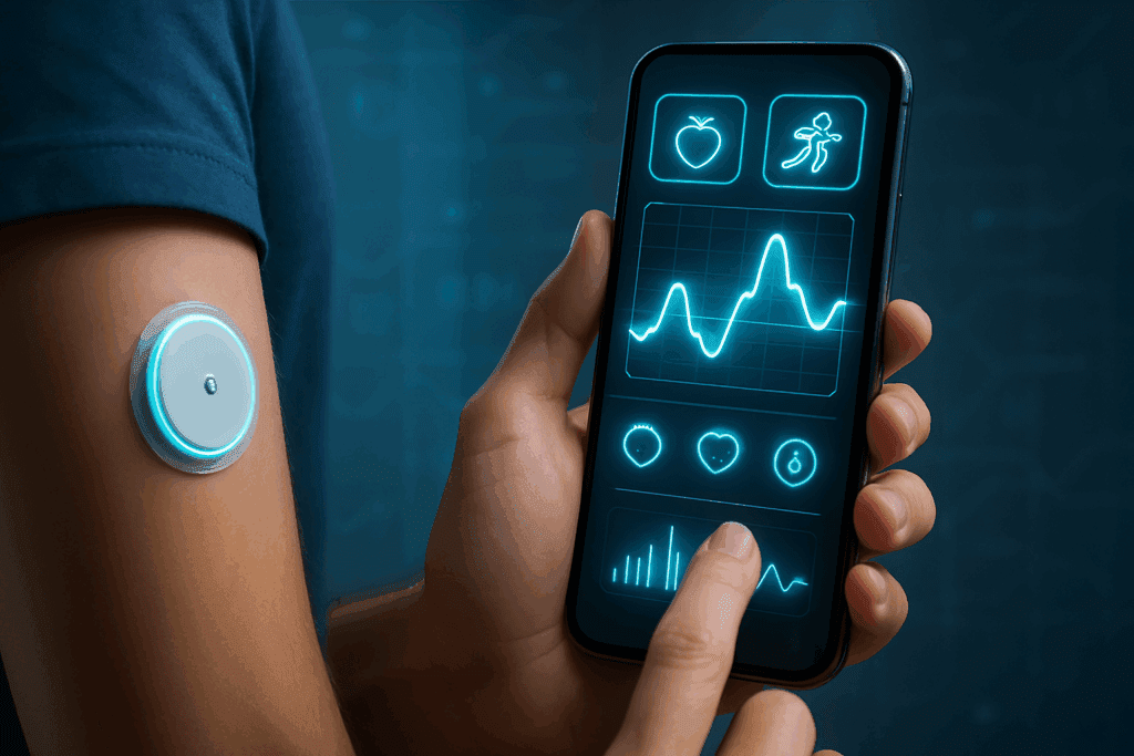 Person checking glucose levels on a smartphone synced with a wearable CGM device, illustrating high-tech monitoring in context of facts about diabetes.