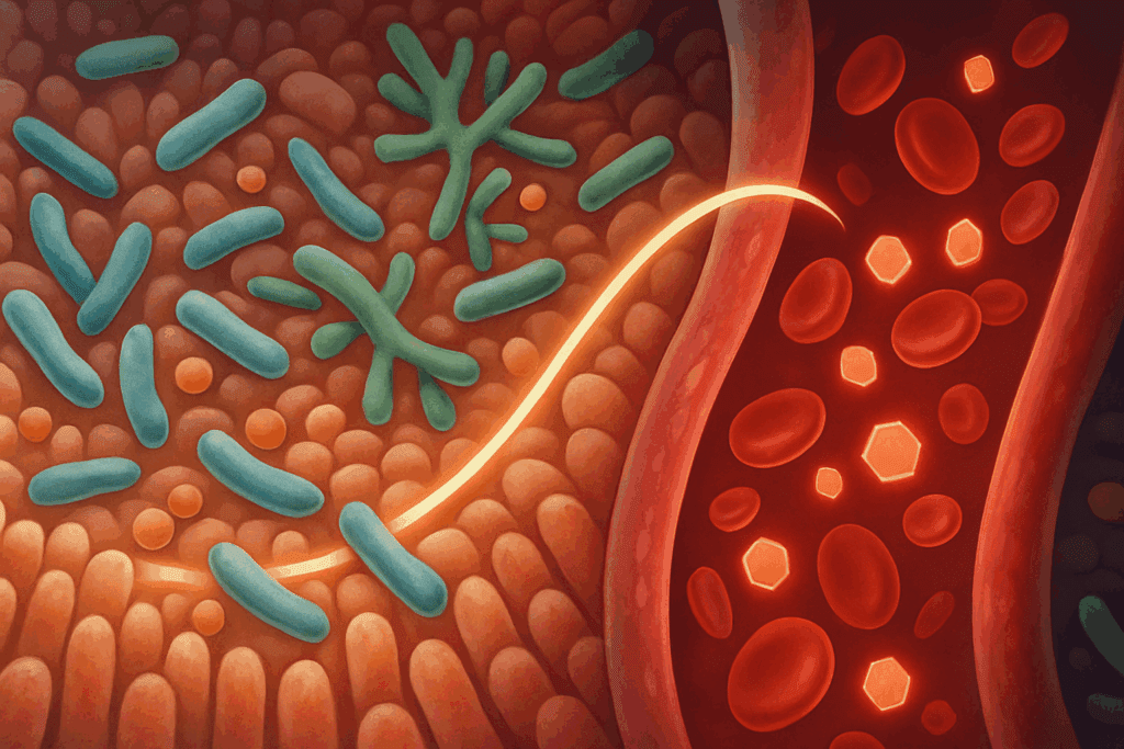 Stylized cross-section of the human gut showing Lactobacillus and Bifidobacterium bacteria influencing glucose molecules in the bloodstream, symbolizing facts about diabetes.